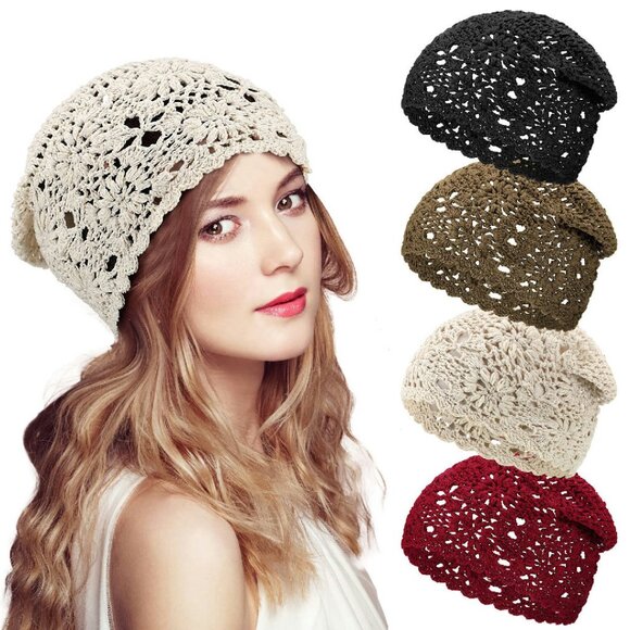 4-Pack Cotton Crochet Slouchy Beanie Hats Handmade Knit Cutout Design